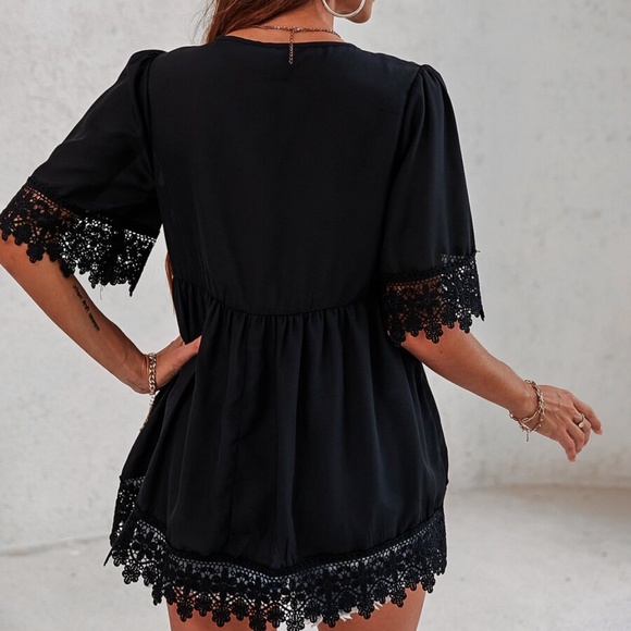 Boho Black Embroidered Floral V neck Top - Picture 5 of 7